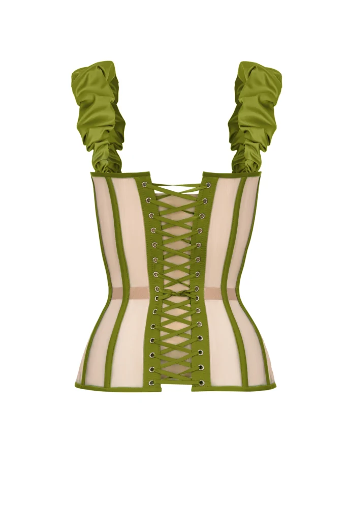 Olive Satin Corset Top with Mesh Reliefs and Shoulder Straps