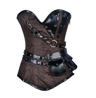 Brown Brocade Overbust Corset with Pockets