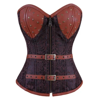 Zipper Steampunk Overbust Corset Coffee Black