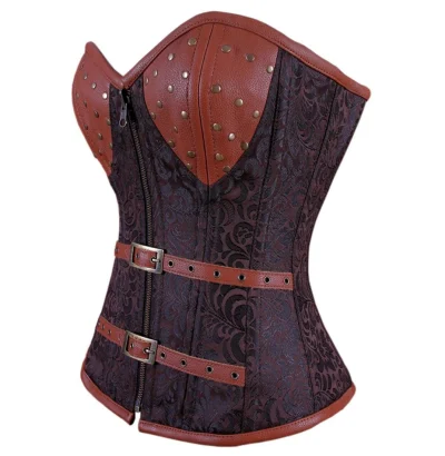 Zipper Steampunk Overbust Corset Coffee Black