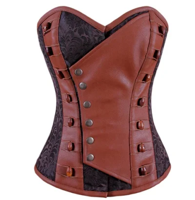 Leather Front Steampunk Overbust Corset Coffee Black