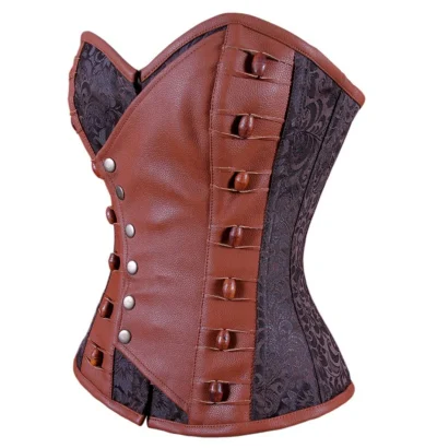 Leather Front Steampunk Overbust Corset Coffee Black