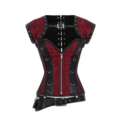 Red Brocade & Black Faux Leather Gothic Overbust Corset