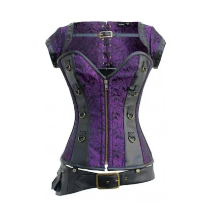 Purple Brocade & Black Faux Leather Gothic Overbust Corset