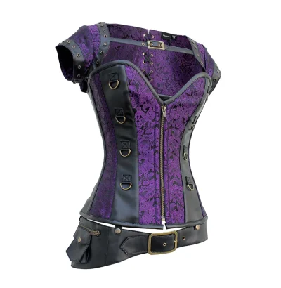 Purple Brocade & Black Faux Leather Gothic Overbust Corset