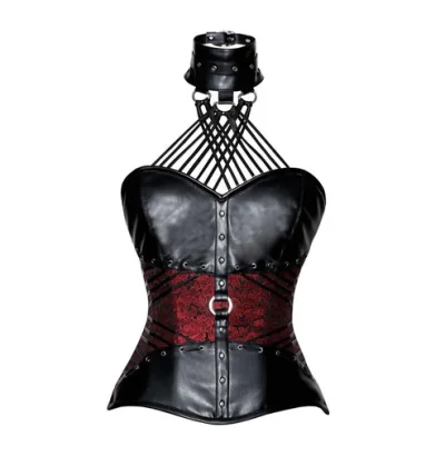 Red Brocade & Black Leather Halter Neck Overbust Corset
