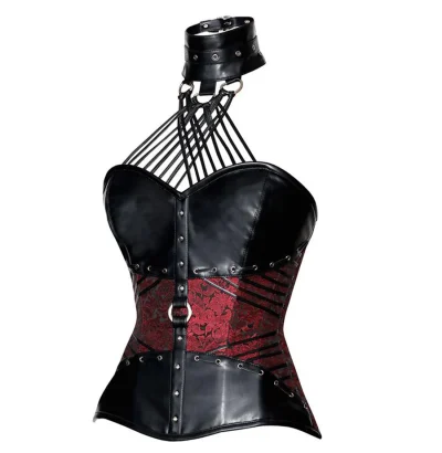 Red Brocade & Black Leather Halter Neck Overbust Corset