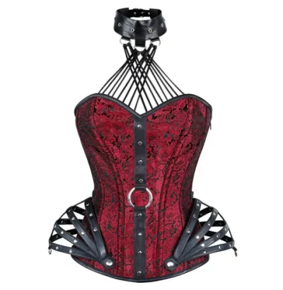 Red Brocade & Faux Leather Halter Neck Corset