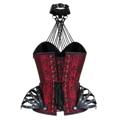 Red Brocade & Faux Leather Halter Neck Corset