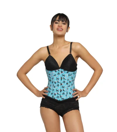 Blue Cotton Printed Plus Size Underbust Corset