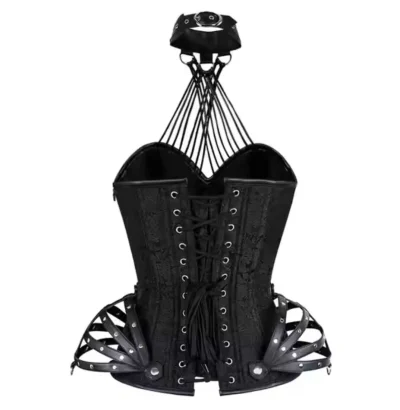 Black Brocade and Black Leather Halter Neck Overbust Corset