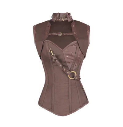 Brown Cotton and Leather Overbust Corset