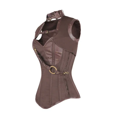 Brown Cotton and Leather Overbust Corset